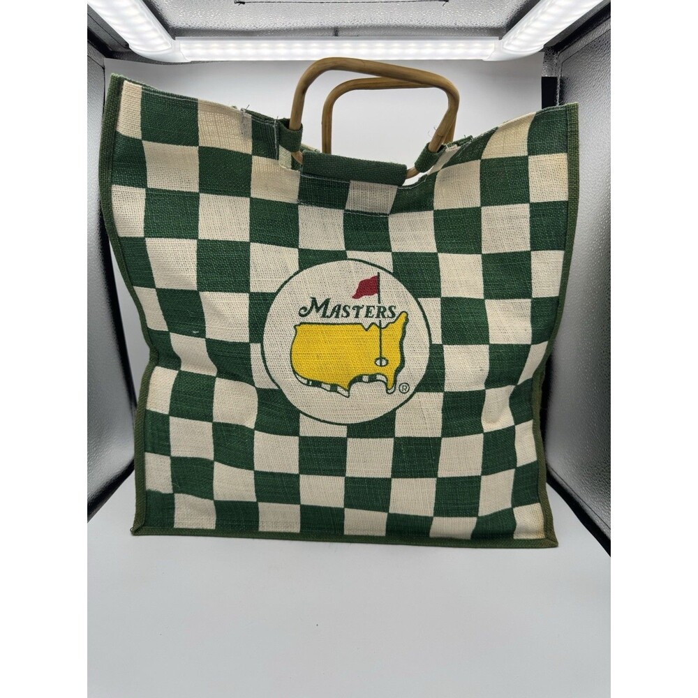 Vintage Augusta National Masters Jute Tote Bag Bamboo Handles Golf Checkered